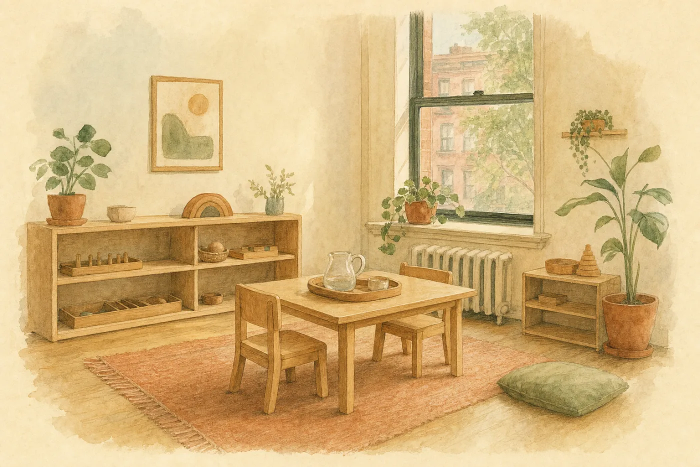 Illustration of a small Montessori playroom with low shelves, a child-sized table and a tall window